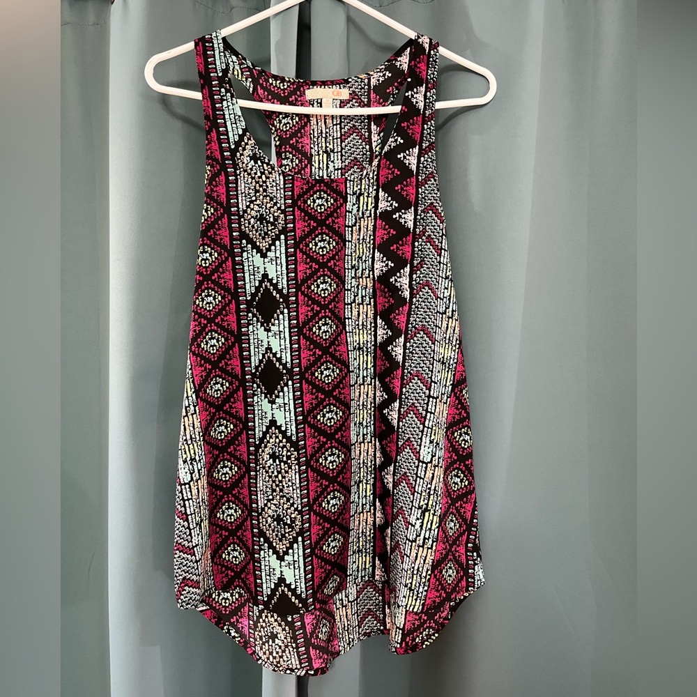 Geometric Patterned Pink and Black Women's Racerback Tank Top, size M.